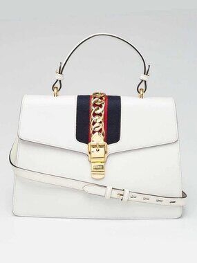 Gucci White Leather Calfskin Leather Vintage Web Medium Sylvie Shoulder Bag